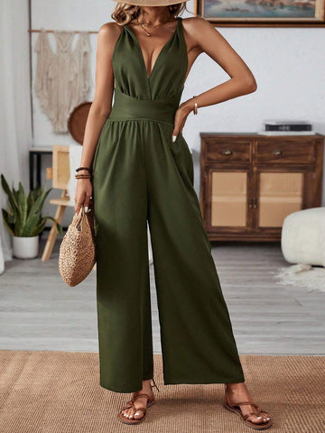 Spring/Summer Twist Front Cami Jumpsuit With Crisscross Open Back And Tie Waist