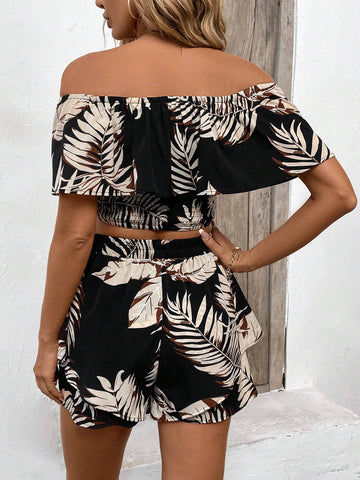 Women 2024 Holiday Ruffle Edge Cable Off Shoulder Vacation Summer Clothes Two-Piece Set