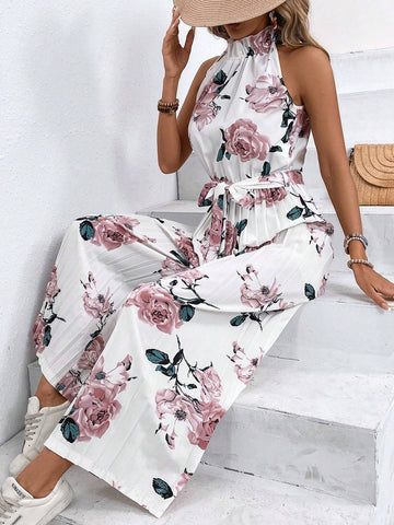 Women Fashionable Floral Printed Pleated Jumpsuit For Vacation
