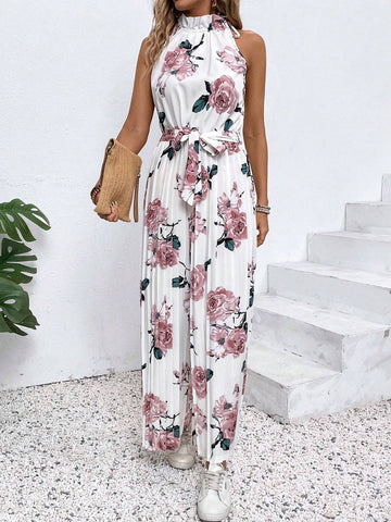 Women Fashionable Floral Printed Pleated Jumpsuit For Vacation