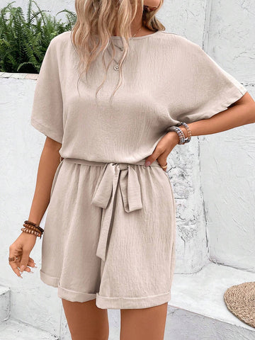 Women Solid Color Batwing Sleeve Jumpsuit For Vacation Or Leisure