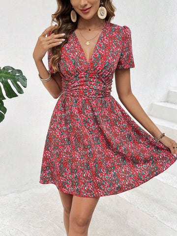 Women's Holiday Ditsy Floral V-Neck Short Puff Sleeve Cinched Waist A-Line Dress