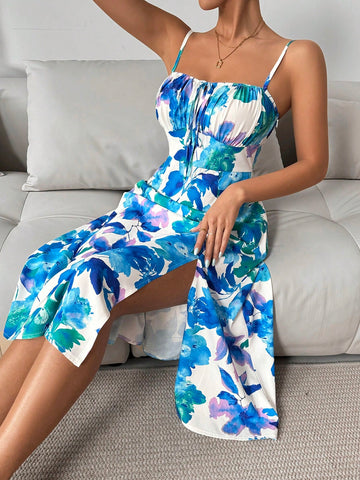 Frenchy Women's Plant Print Slit Hem Cami Dress