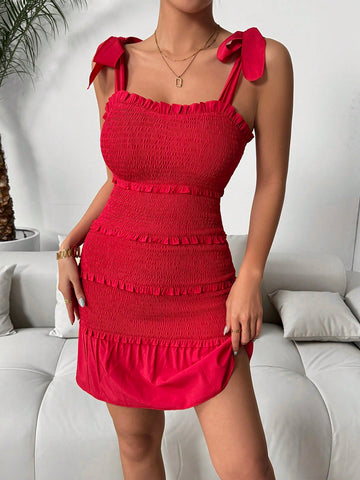 Frenchy Women's Shirred Tie Knot Shoulder Bodycon Dress