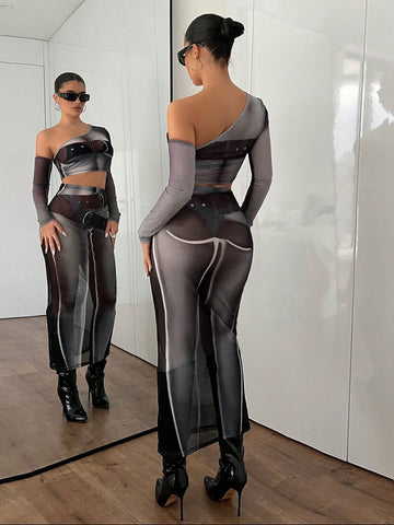 Women's Asymmetrical Collar Human Body Print Cropped Top And Pants Two Piece Set