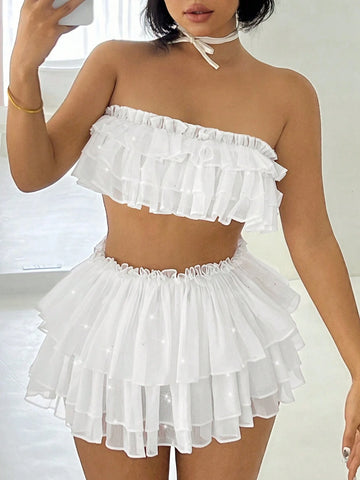 Y2k Slim Fit Cute Multi-Layer Pleated Ruffled Bustier Top+Skirt Summer Two Piece Set Kpop Style Coquette Going Out Sets Concert Outfits