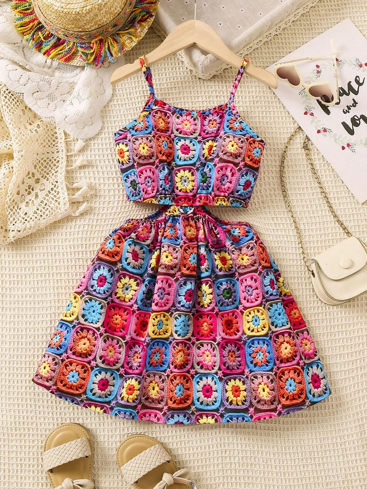 Kids Cooltwn Toddler Girls' Crochet Imitation Colorful Flower Print Spaghetti Strap Dress For Summer