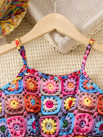 Kids Cooltwn Toddler Girls' Crochet Imitation Colorful Flower Print Spaghetti Strap Dress For Summer