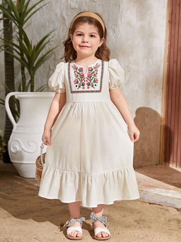 Kids Nujoom Young Girl Floral Embroidery Puff Sleeve Ruffle Hem Smock Dress