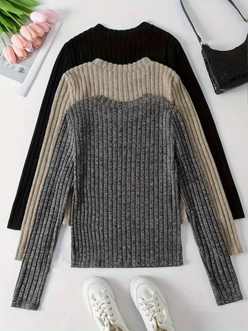 LUNE 3pcs Women Spring/Summer Solid Color Round Neck Long-Sleeved T-Shirt With Striped Design For Ca