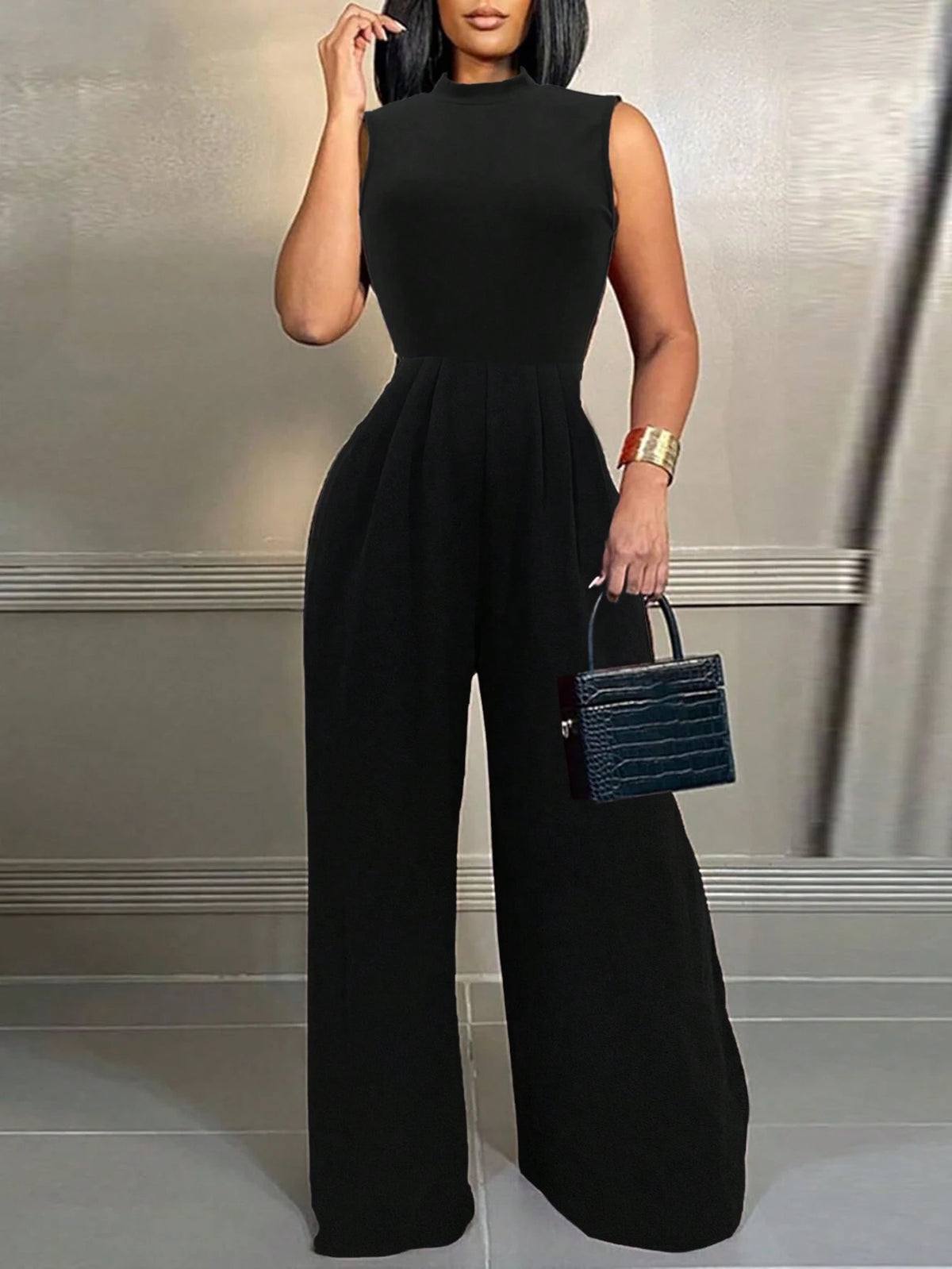 Casual Solid Color Sleeveless Stand Collar Pleated Jumpsuit