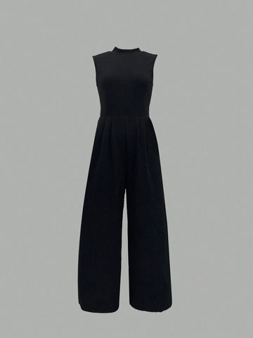 Casual Solid Color Sleeveless Stand Collar Pleated Jumpsuit