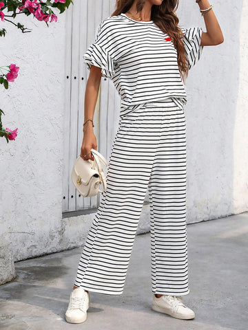 Knitted Stripe Loose Casual Top And Wide Leg Pants Set