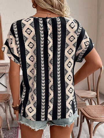 LUNE Leisure Batwing Sleeve Black And White Printed Women Blouse