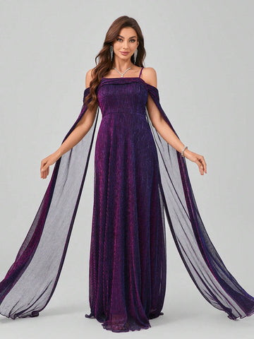 Long Dress With Spaghetti Straps, Flutter Sleeves, A-Line Skirt And Flowing Hem