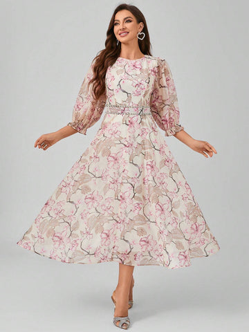 Non-Positional Flower Round Neck Lantern Sleeve Dress With Floral Print, Waist Belt And Beaded Tie, Elegant And Graceful Maxi Formal Dress