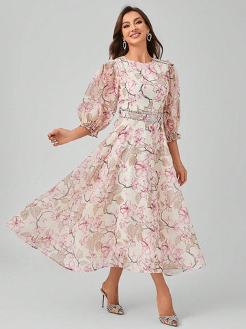 Non-Positional Flower Round Neck Lantern Sleeve Dress With Floral Print, Waist Belt And Beaded Tie, Elegant And Graceful Maxi Formal Dress