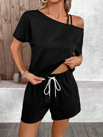 Plain Asymmetrical Neckline Top And Shorts Set For Casual Summer Look