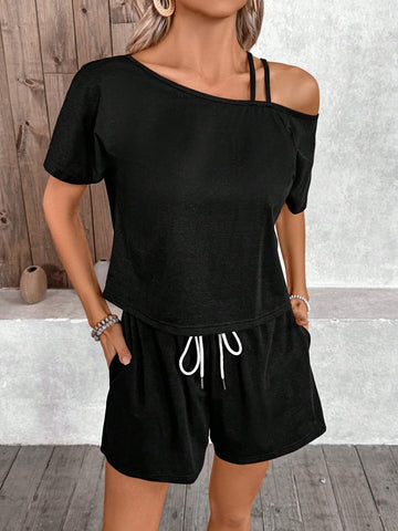 Plain Asymmetrical Neckline Top And Shorts Set For Casual Summer Look