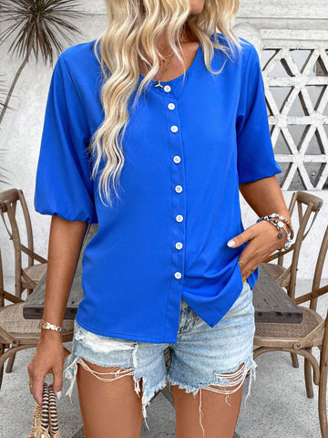 LUNE Solid Color Elegant Button-Front Casual Woven Shirt For Summer