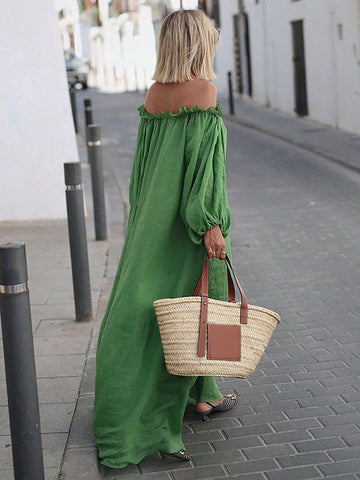 Solid Color Long Sleeve Pleated Casual Dress With Off Shoulder Neckline