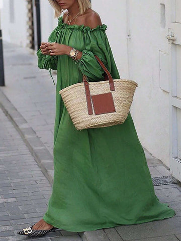 Solid Color Long Sleeve Pleated Casual Dress With Off Shoulder Neckline