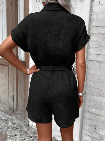 Solid Color Plisse Flap Detail Belted Shirt And Shorts Jumpsuit For Summer