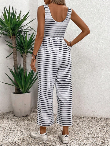 Summer Casual Striped Jumpsuit With Backless Design For Ladies