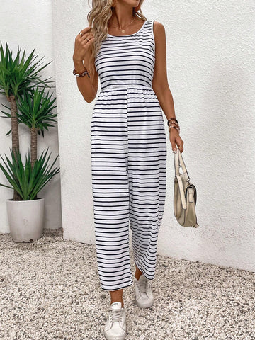 Summer Casual Striped Jumpsuit With Backless Design For Ladies