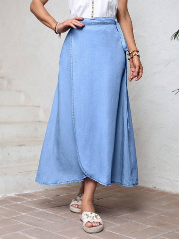 LUNE Women Casual Plain Color Wrap Design Long Skirt, For Summer, Vacation