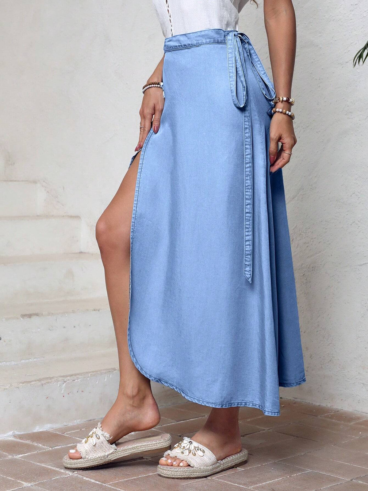 LUNE Women Casual Plain Color Wrap Design Long Skirt, For Summer, Vacation