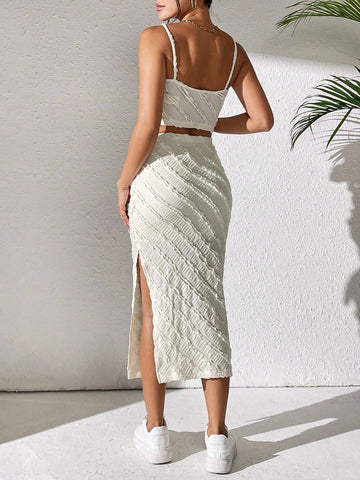 Women Summer Fashionable Simple Spaghetti Strap Midi Dress & Skirt Set