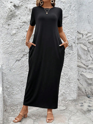 Women Summer Holiday Casual Solid Color Short Sleeve Long Dress