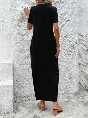 Women Summer Holiday Casual Solid Color Short Sleeve Long Dress