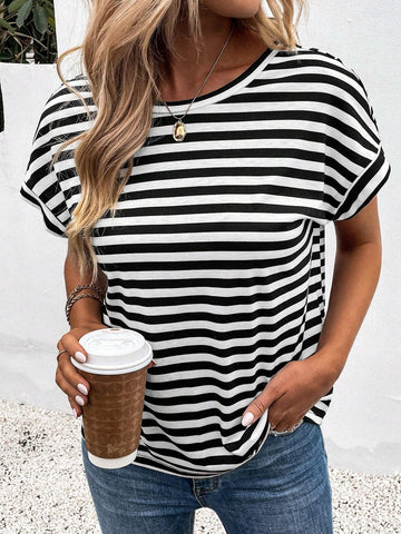LUNE Women Summer Striped Print Back Crossed Batwing Sleeve Loose Casual T-Shirt