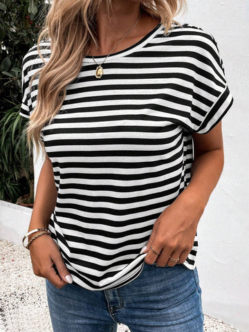 LUNE Women Summer Striped Print Back Crossed Batwing Sleeve Loose Casual T-Shirt