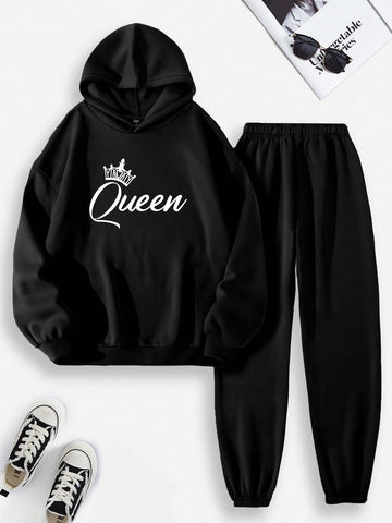 Women's Casual Crown & Letter Print Hoodie And Sweatpants Two-Piece Set