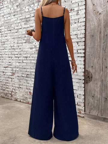 Women's Fashionable Simple Loose Solid Color Jumpsuit With Spaghetti Straps For Summer