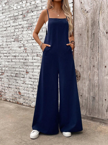 Women's Fashionable Simple Loose Solid Color Jumpsuit With Spaghetti Straps For Summer