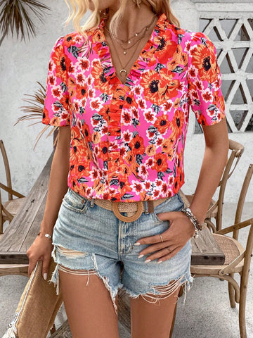LUNE Women's Fashionable Summer Printed Short Sleeve Shirt With Lace Collar