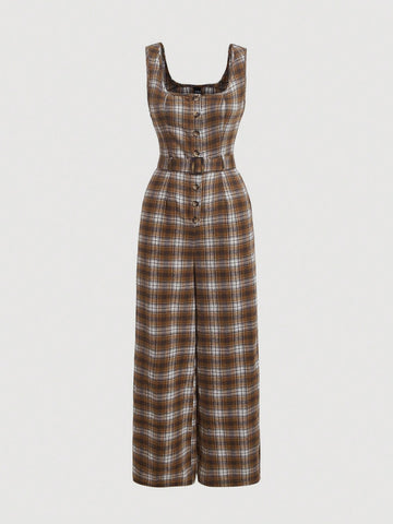 1pc Checkered Jumpsuit With Button Front And Suspenders