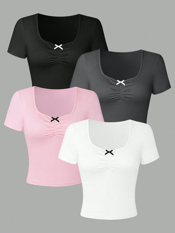 MOD 4pcs/Set Round Neck Short Sleeve T-Shirt With Pleated Front Hem & Bow Decoration For Summer Casual Wear