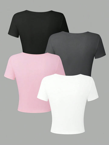 MOD 4pcs/Set Round Neck Short Sleeve T-Shirt With Pleated Front Hem & Bow Decoration For Summer Casual Wear