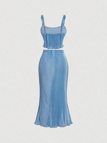 Blue Pleated Bowknot Retro Camisole Top And Skirt Set With Mermaid Hem