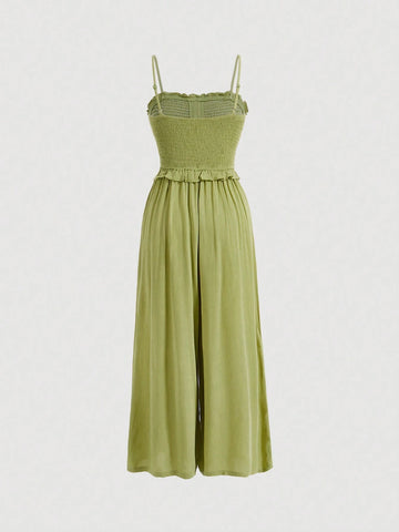 Casual Green Jumpsuit With Spaghetti Straps For Holiday