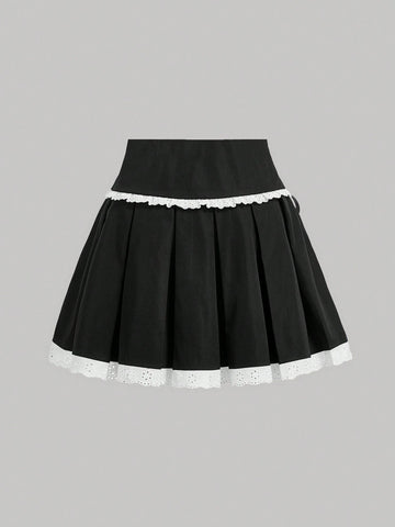 MOD Summer Music Festival Clothing Lace Decorated Pleated Short Black Skirt