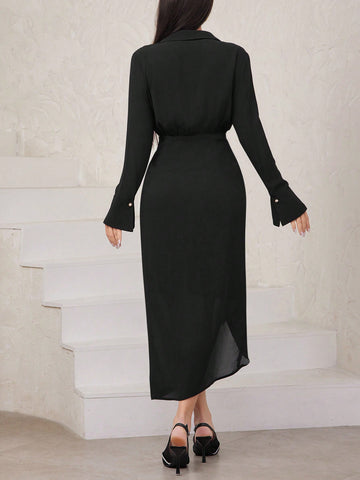 Modely Bell Sleeve Asymmetric Hem Shirt Dress