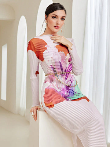 Modely Floral Print Lettuce Trim Bodycon Dress