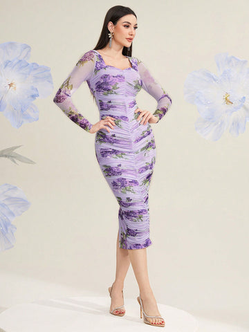 Modely Women'S Floral Print Mesh Ruffle Bodycon Dress