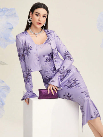 Women'S Floral Print Open-Front Jacket And Cami Dress Set